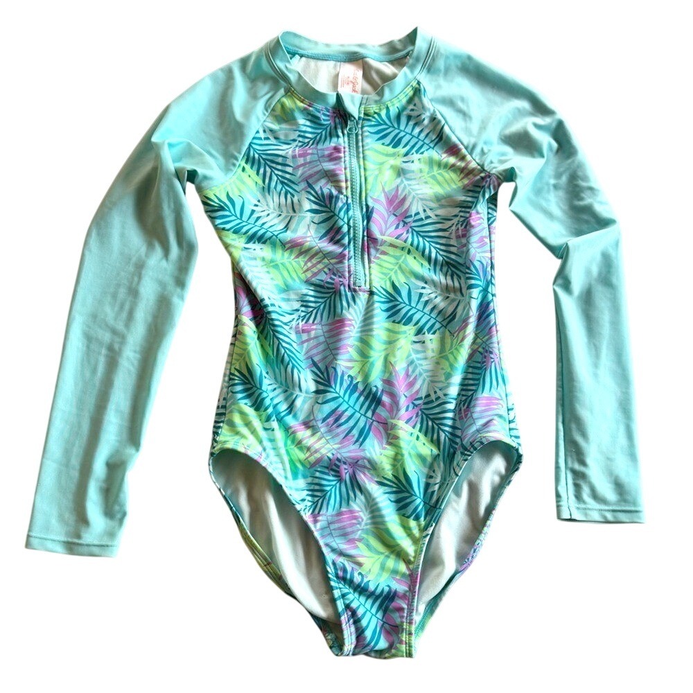 Cat & Jack Swimsuit Tropical Leaf Print Girls XL Rashguard Sleeves Zipper Aqua